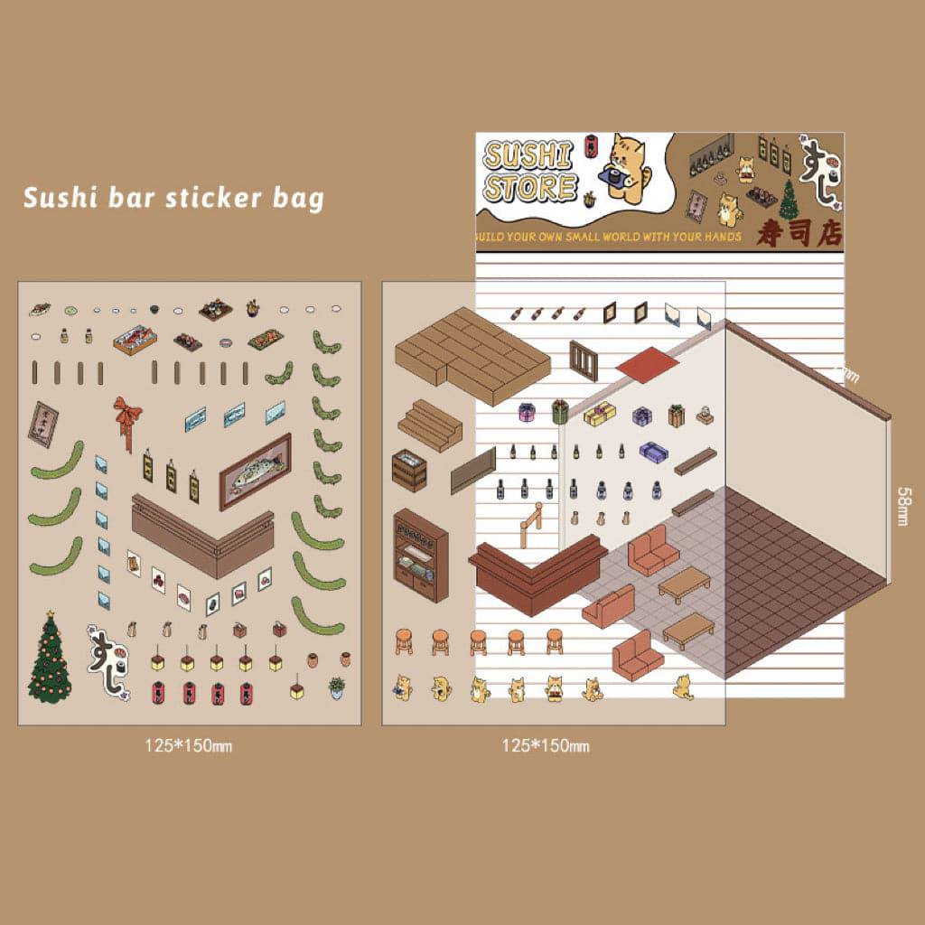 Stickers Scene, Make your Own Apartment|Forest Bookstore|Sushi Bar|Cocoa Cafe - OPICRAFT 