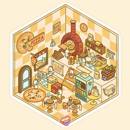 DIY Miniature Sticker Scene,Cat Burger Shop|Ferris Wheel Sushi|Hot Spring|Pizza Shop - OPICRAFT 