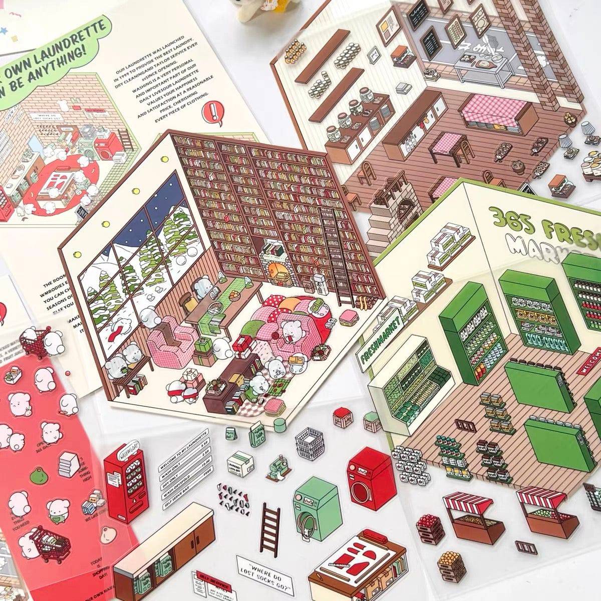 DIY 3D Sticker Scene,Make Your Own Baking Shop|Fresh Market|Bookstore|Laundry - OPICRAFT 