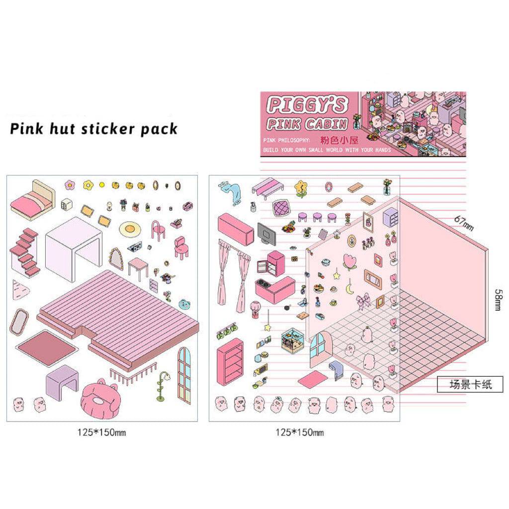 3D Sticker Scene, DIY Pink Hut|Coffee Cat Loft|Penguin Ice Cream|Bunny Store - OPICRAFT 