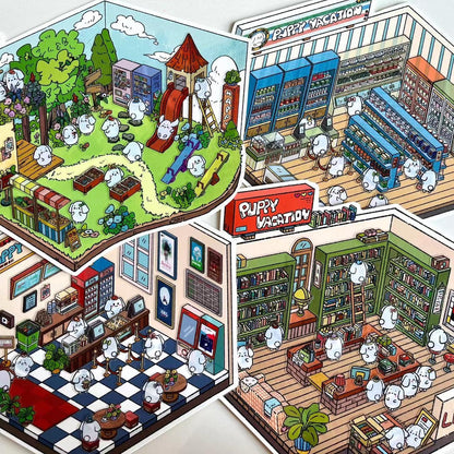 Puppy Sticker Scenes! Create your Own Four Puppy Library|Cinema|Resort|Market - OPICRAFT 