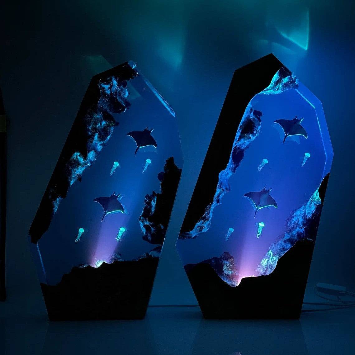 Manta Rays And Jellyfish Resin Night Light Blue Ocean Miniature - OPICRAFT 