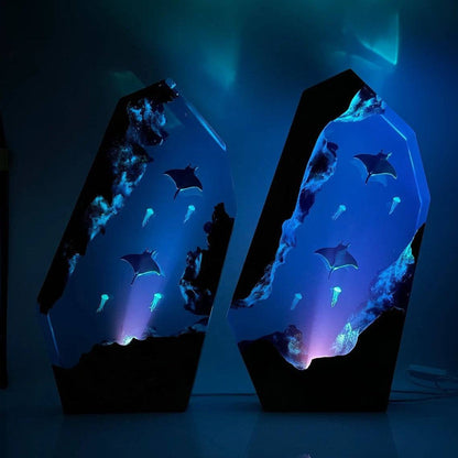 Manta Rays And Jellyfish Resin Night Light Blue Ocean Miniature - OPICRAFT 