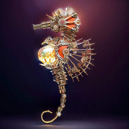 Intricate 3D Steampunk Metal Seahorse Puzzle Kit with Illuminating Lamp - 2100 Pieces of Whimsy! - OPICRAFT 