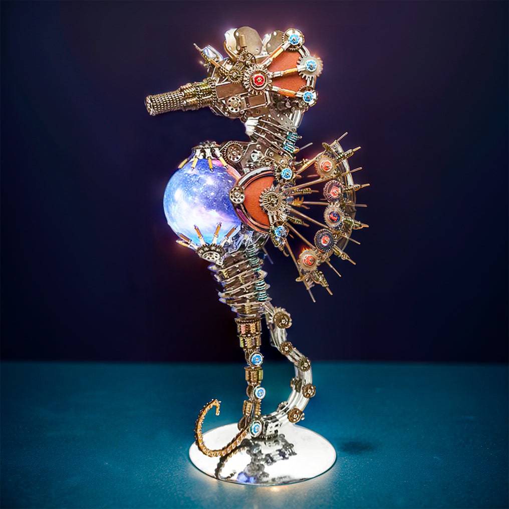 Intricate 3D Steampunk Metal Seahorse Puzzle Kit with Illuminating Lamp - 2100 Pieces of Whimsy! - OPICRAFT 