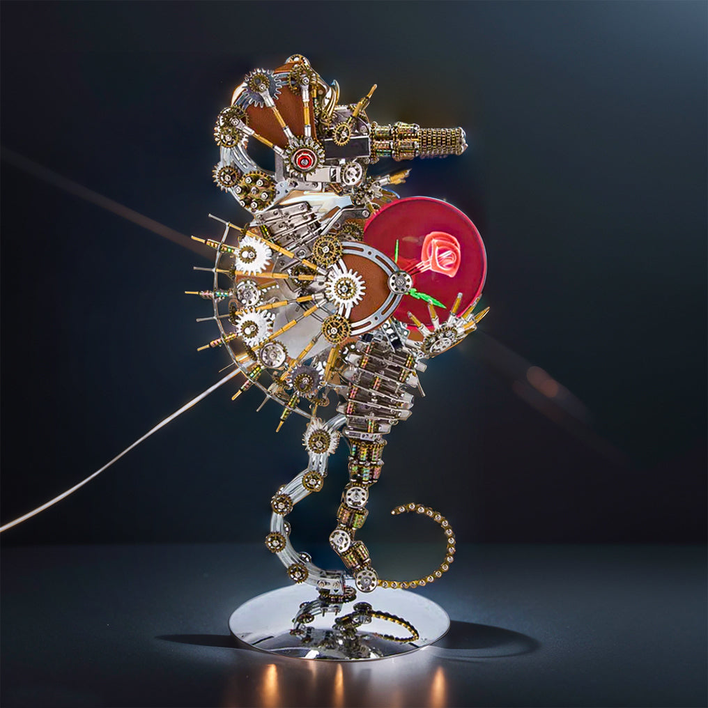 Intricate 3D Steampunk Metal Seahorse Puzzle Kit with Illuminating Lamp - 2100 Pieces of Whimsy! - OPICRAFT 