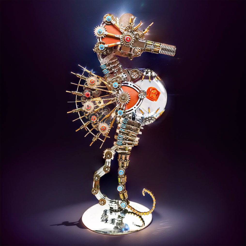 Intricate 3D Steampunk Metal Seahorse Puzzle Kit with Illuminating Lamp - 2100 Pieces of Whimsy! - OPICRAFT 